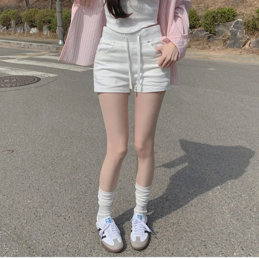 ハイウエスト デニムショートパンツ 白 ベルト付き