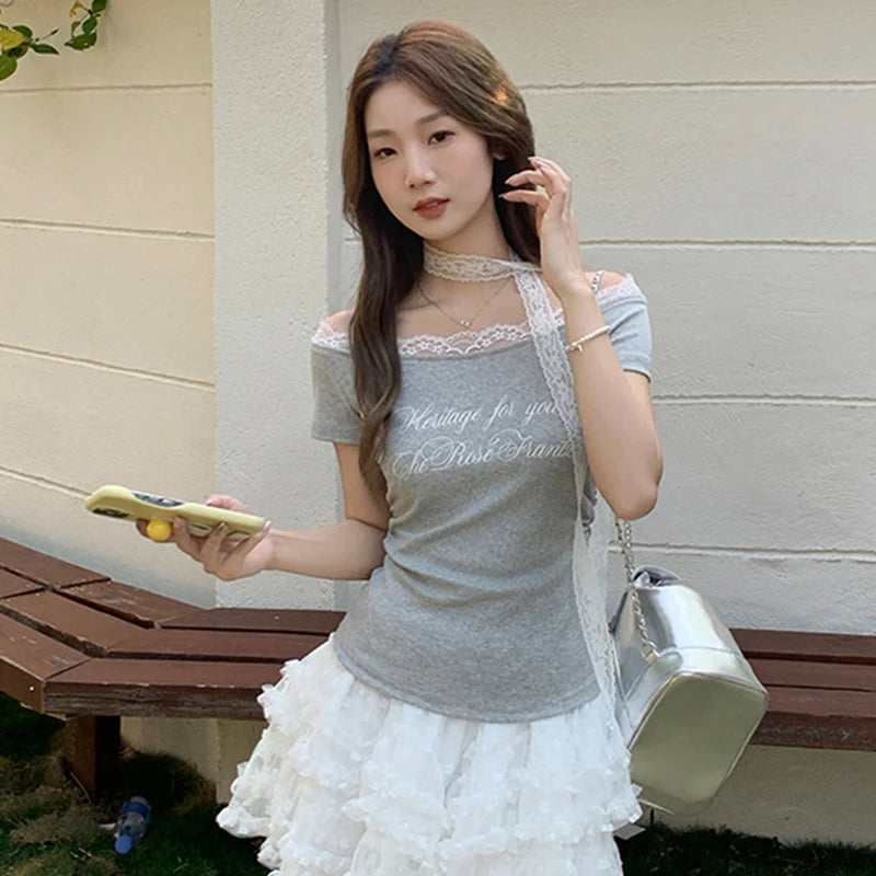 Y2K レース スラッシュネックTシャツ