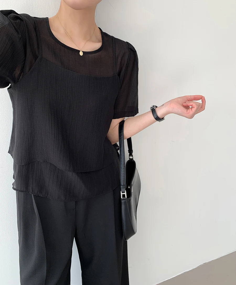 パフスリーブ シフォンブラウス 2点セット