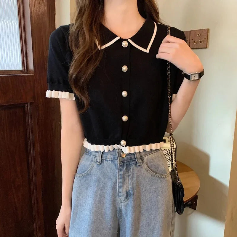 折り襟ニット 半袖クロップドシャツ