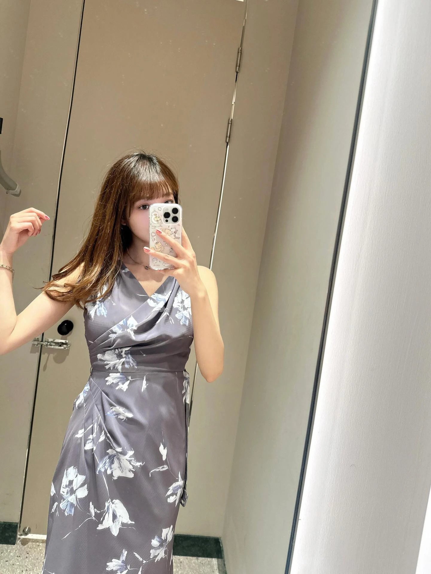 花柄 Vネック ベルト付きロングワンピース
