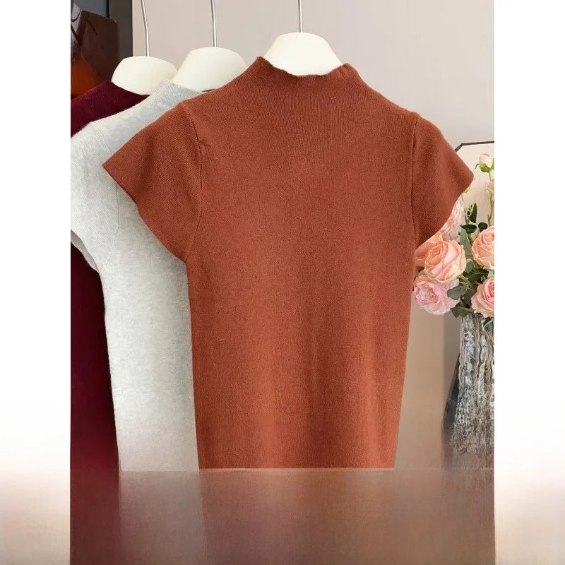 ハーフハイネック 半袖スリムTシャツ