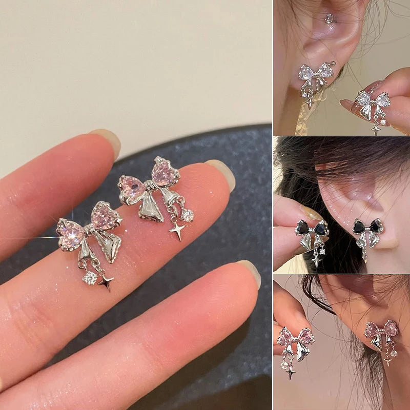 ピンククリスタル リボンピアス Y2K