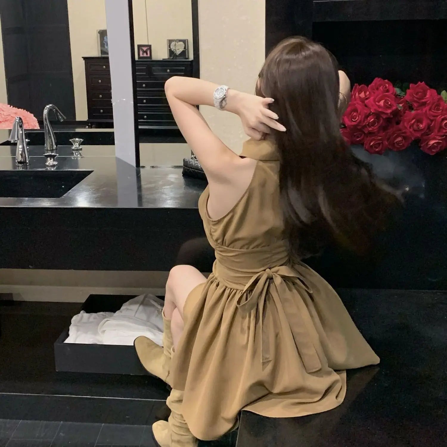 リボン付き 襟付きミニワンピース カーキ