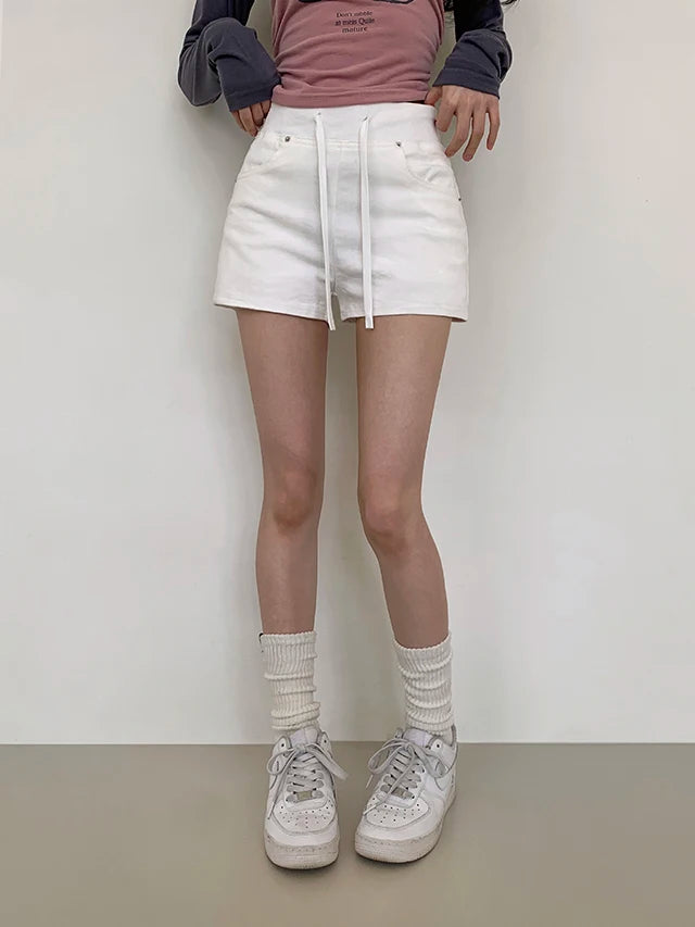 ハイウエスト デニムショートパンツ 白 ベルト付き