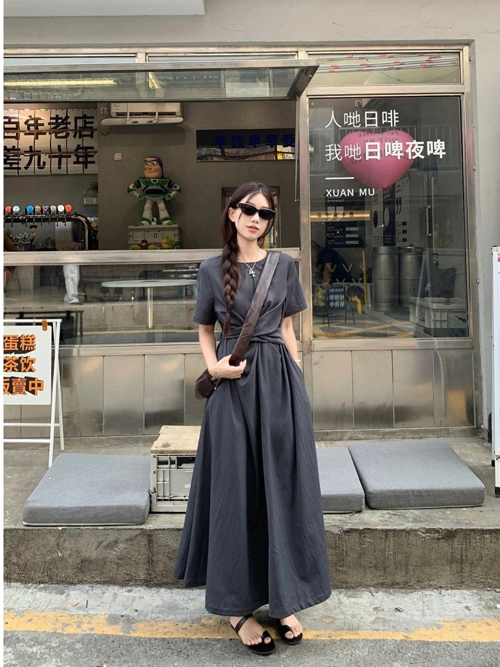 クロスベルト 半袖ロングワンピース ダークグレー