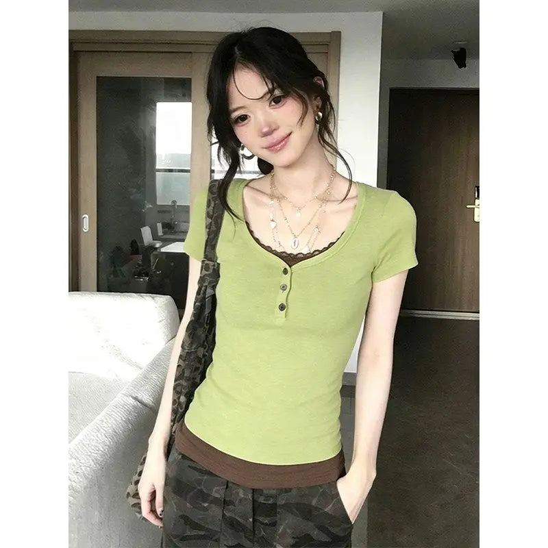 グリーン レーストリム フェイクレイヤードTシャツ