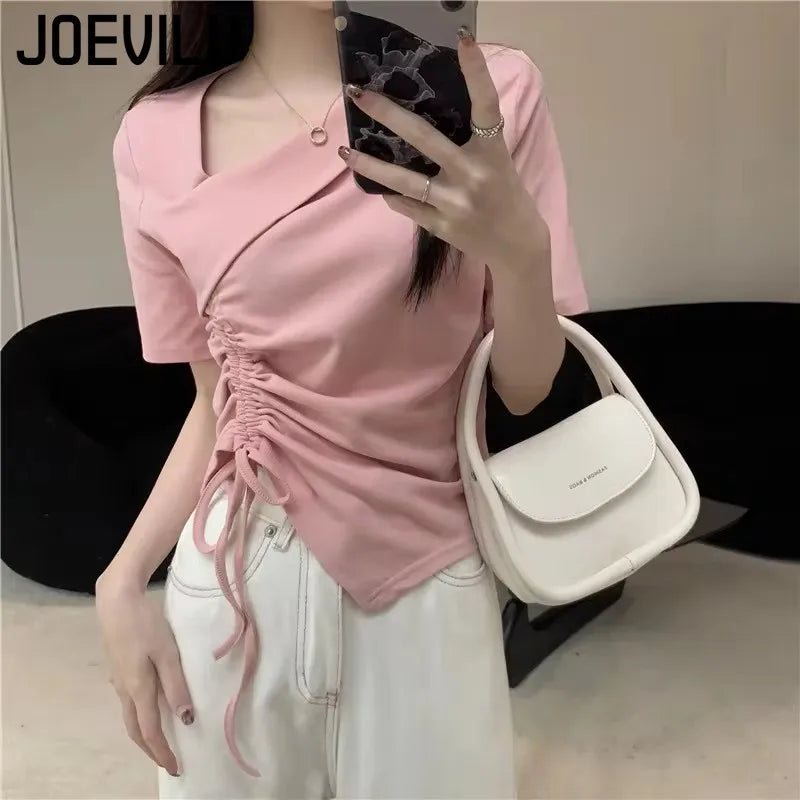 アシンメトリー ドローストリングTシャツ ホワイト