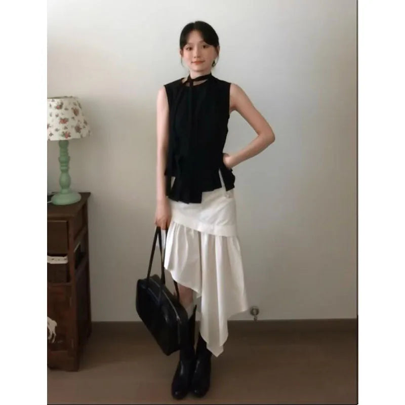 レース切替 アシンメトリー Aラインスカート 白