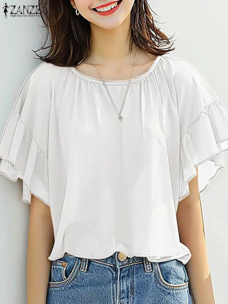 ZANZEA ラッフルヘム シフォンチュニック