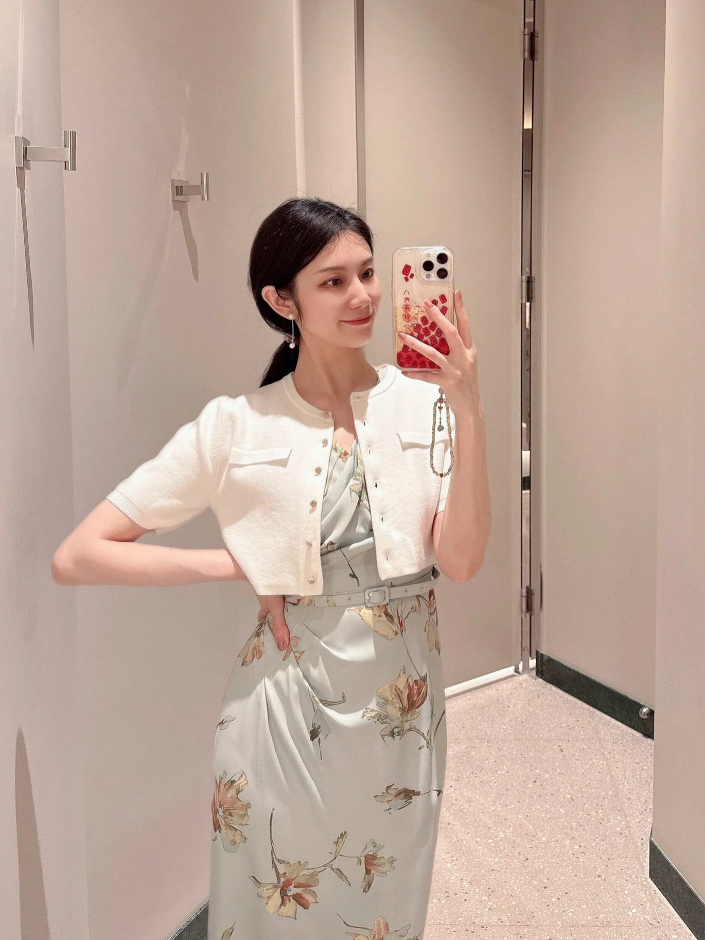 花柄 Vネック ベルト付きロングワンピース