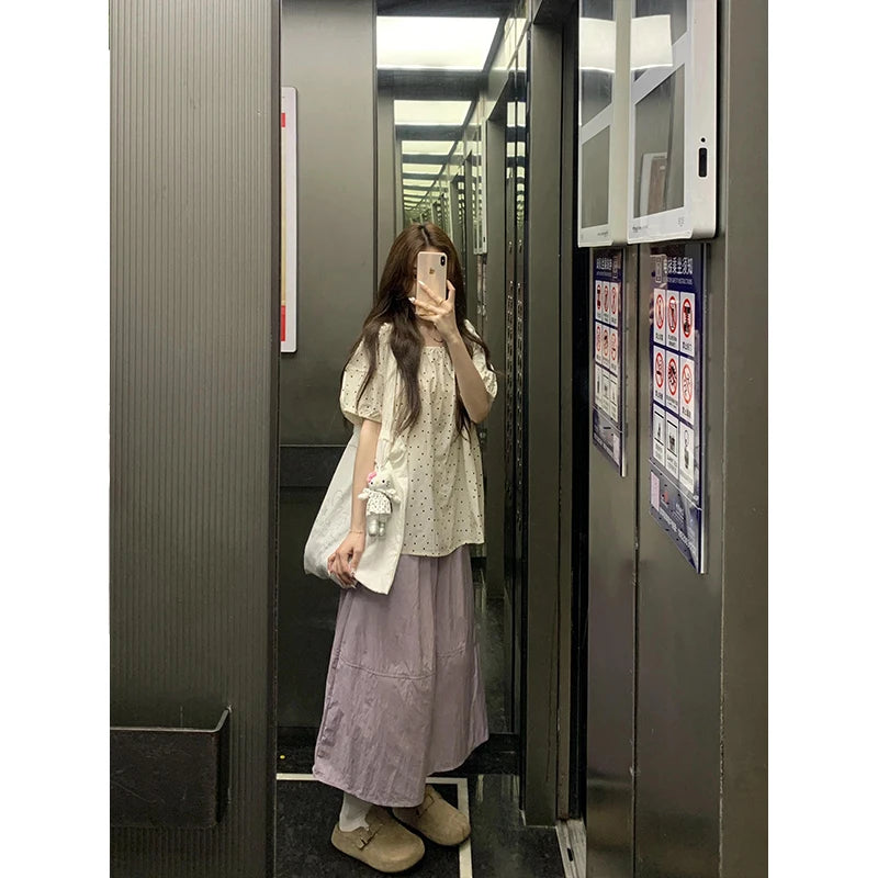 ドット柄 スクエアネック パフスリーブトップス
