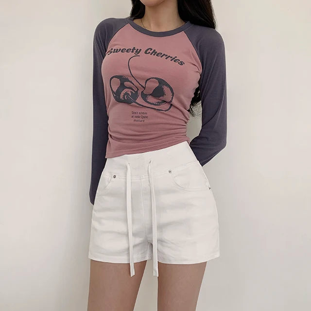 ハイウエスト デニムショートパンツ 白 ベルト付き