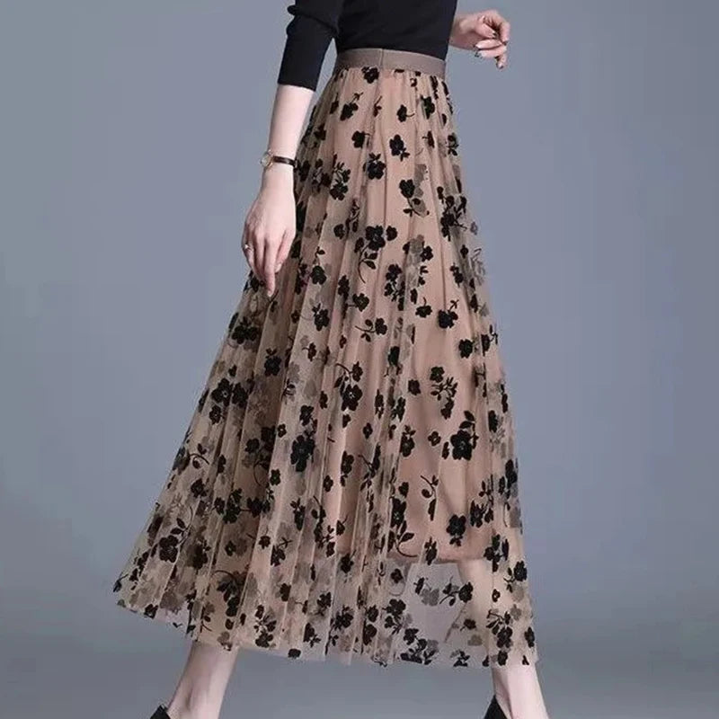 かぎ編み風フラワー チュールミディスカート