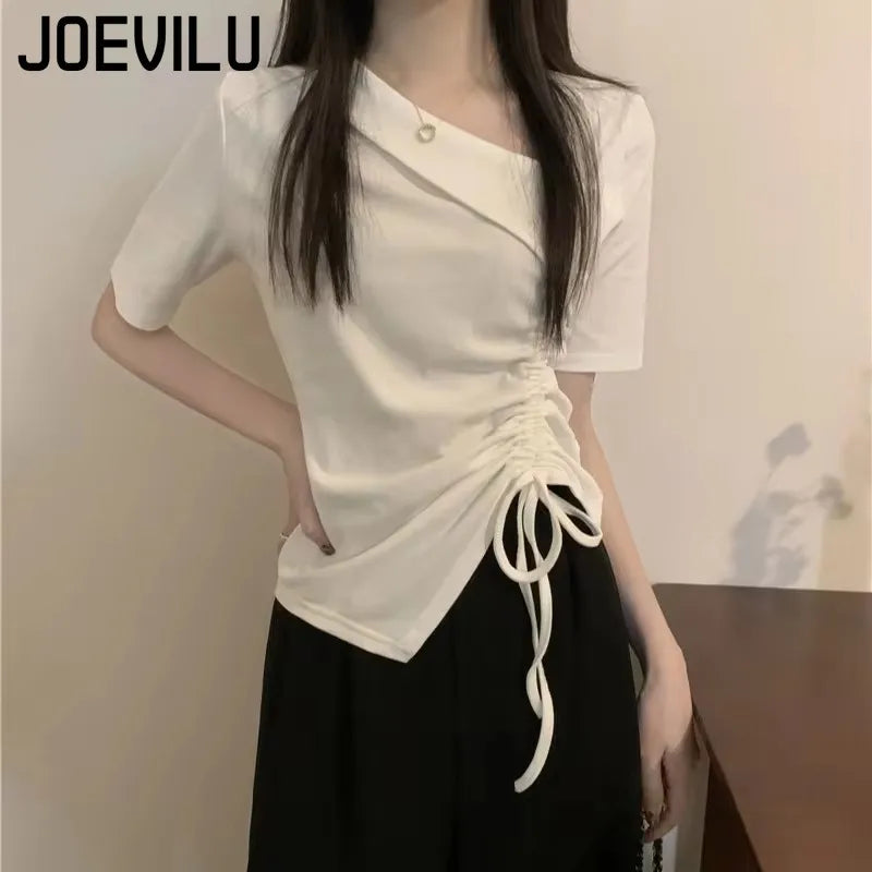 アシンメトリー ドローストリングTシャツ ホワイト