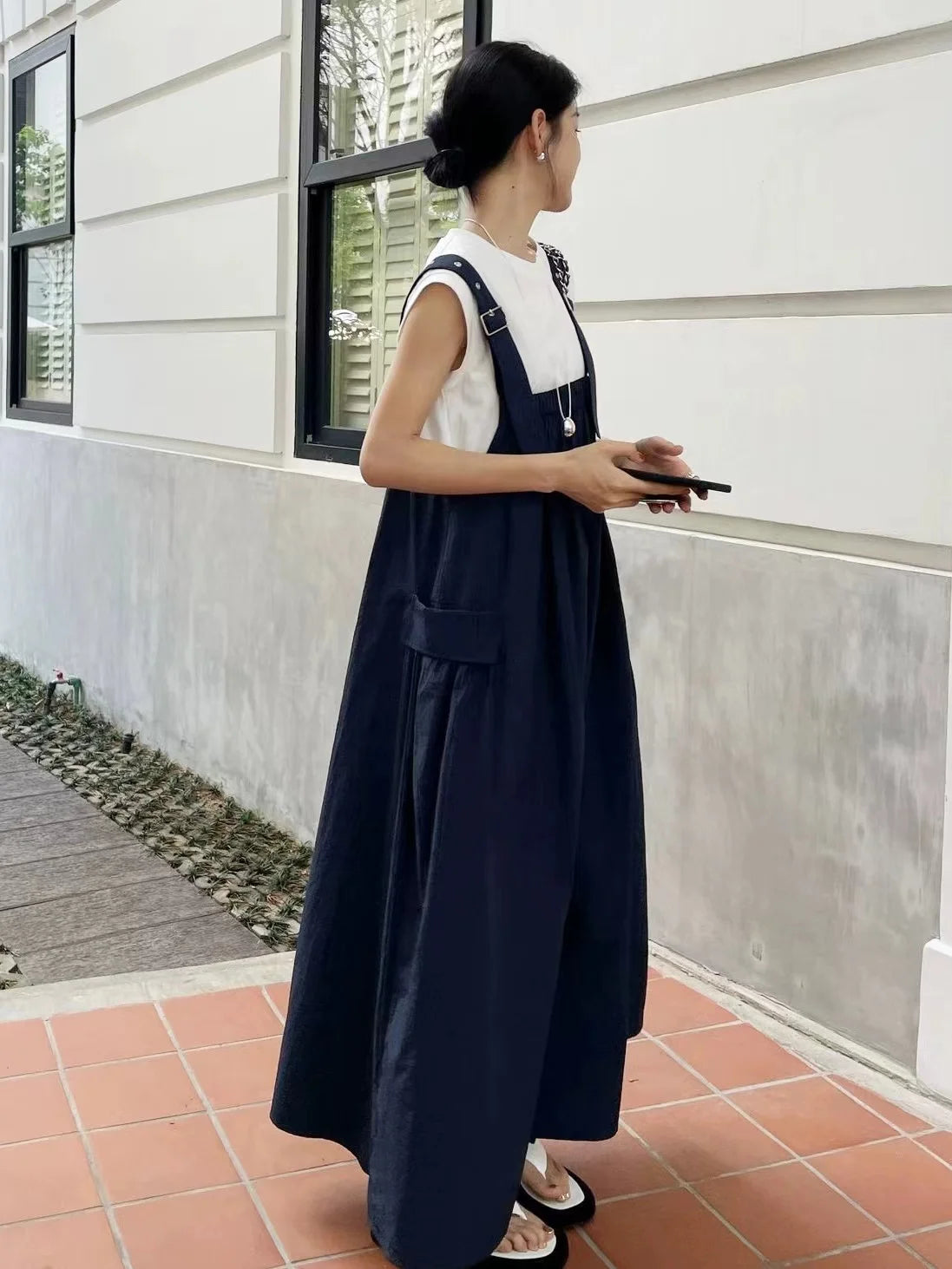 ワイドストラップ ゆったりロングワンピース