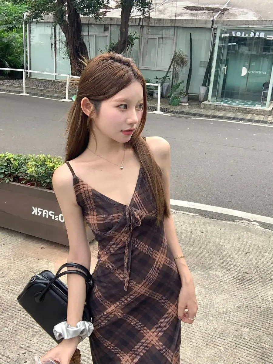 フレンチ調 グリッド柄 キャミソールワンピース