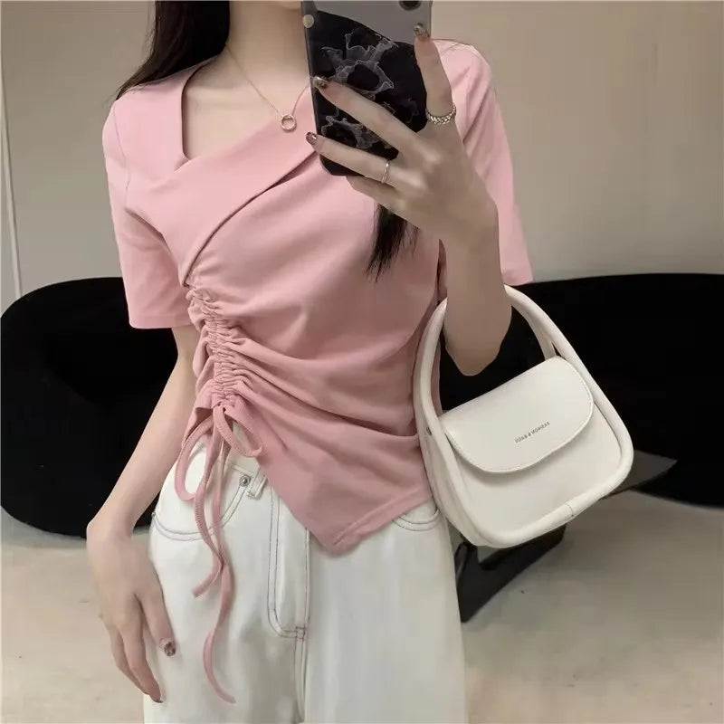 アシンメトリー ドローストリングTシャツ ホワイト