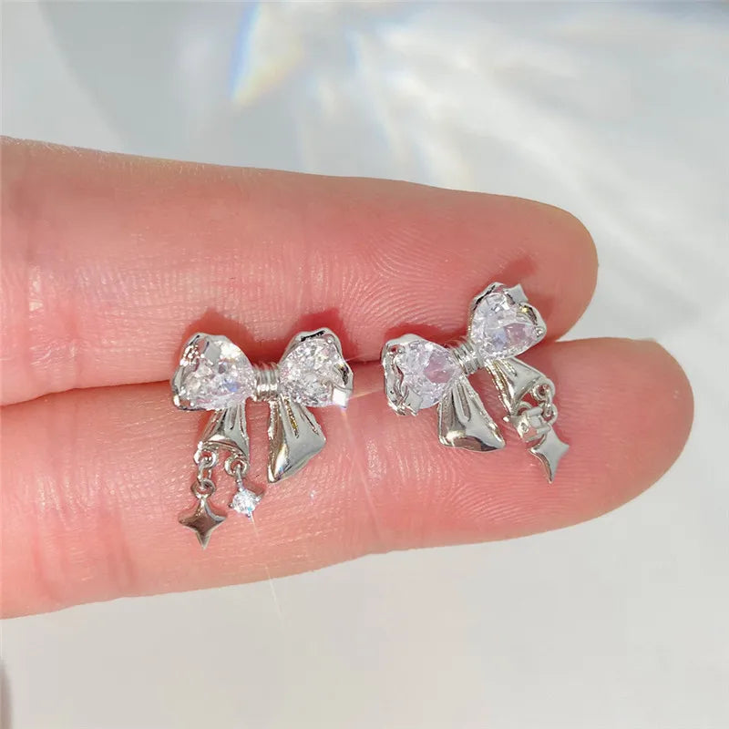 ピンククリスタル リボンピアス Y2K