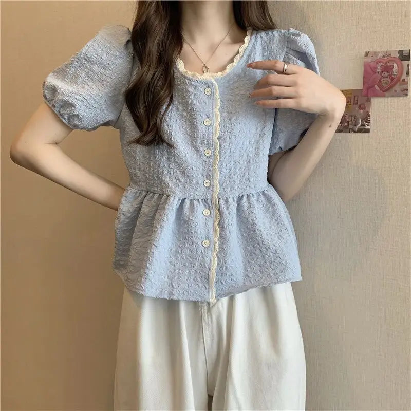 レース切替 パフスリーブ シフォンブラウス