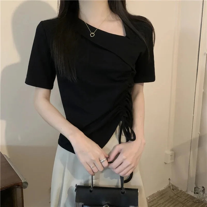 アシンメトリー ドローストリングTシャツ ホワイト