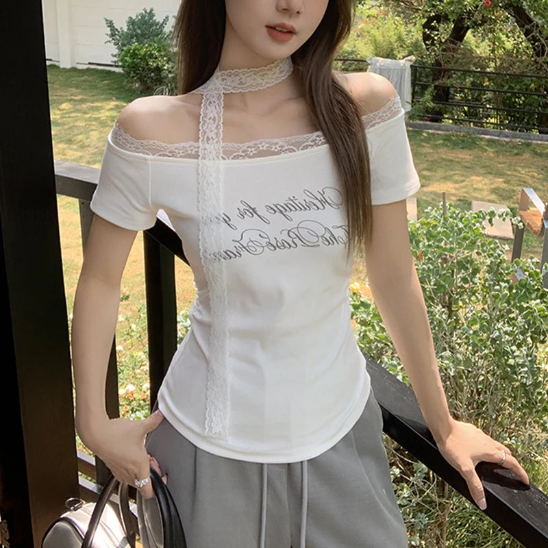 Y2K レース スラッシュネックTシャツ