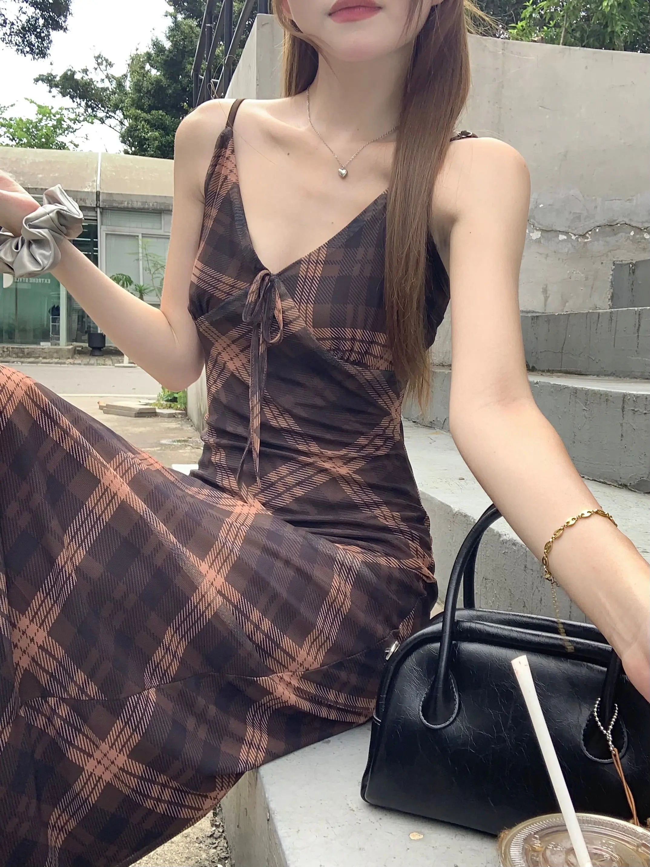 フレンチ調 グリッド柄 キャミソールワンピース