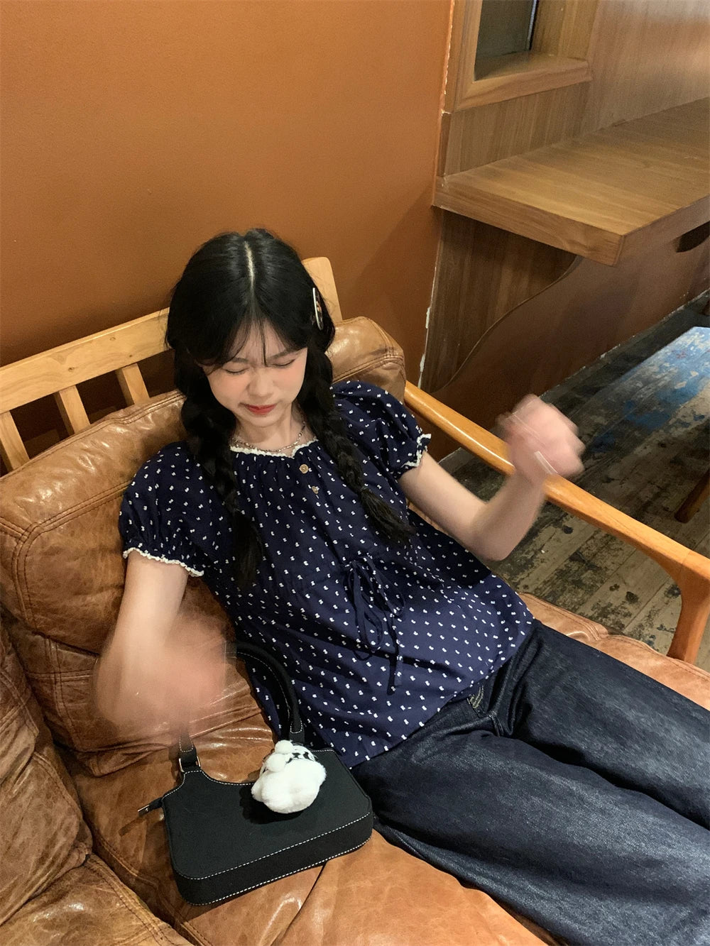 レーストリム ドット柄バブルスリーブブラウス