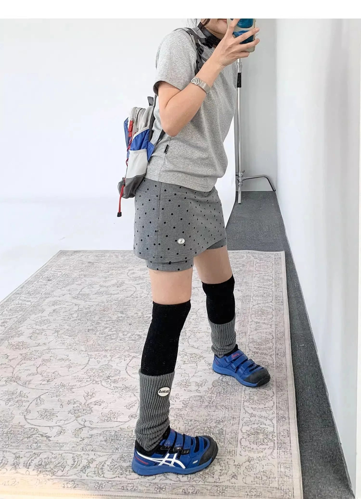 ドット柄 グレー ワイドショートパンツ