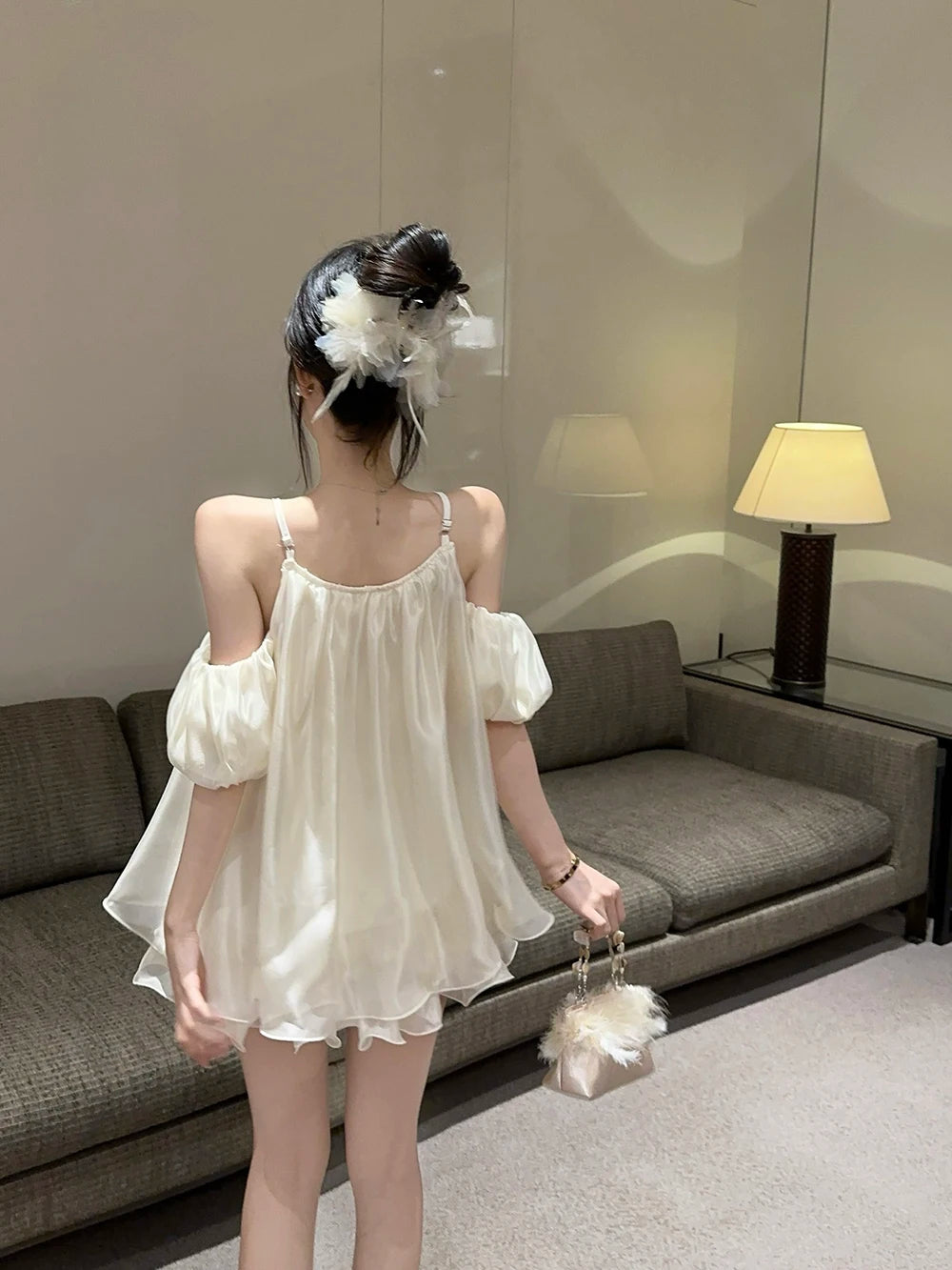 ワンショルダー パフスリーブ シフォンブラウス ピンク