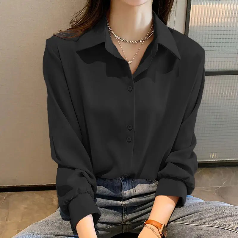 無地 長袖シフォンシャツ ブラック