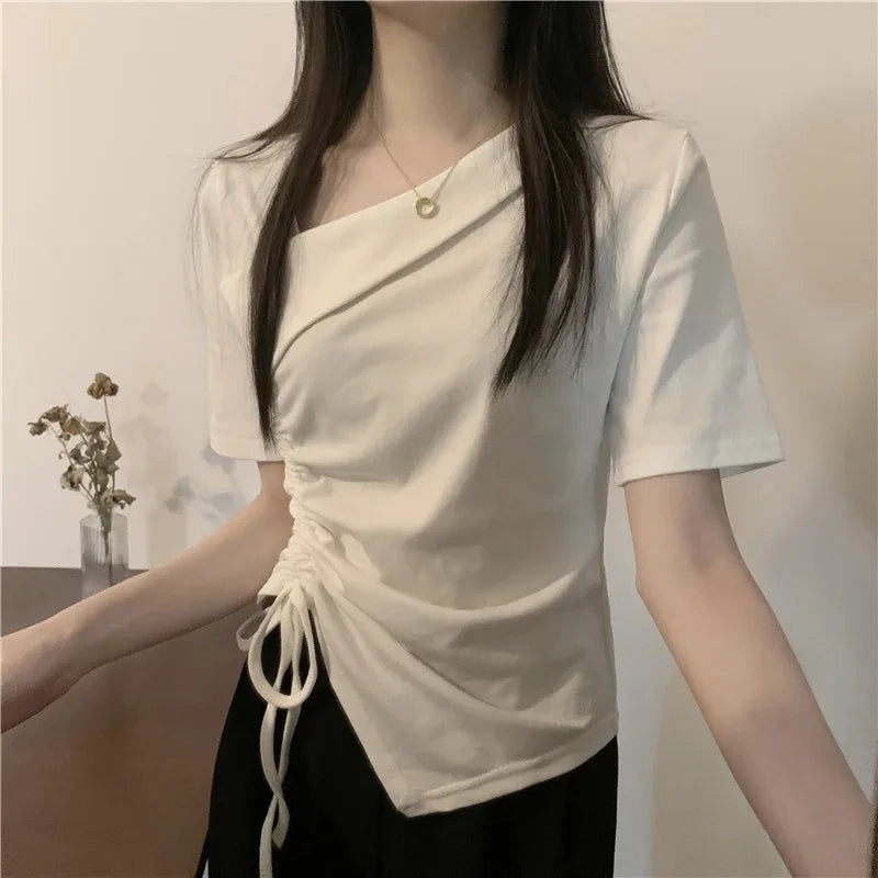 アシンメトリー ドローストリングTシャツ ホワイト