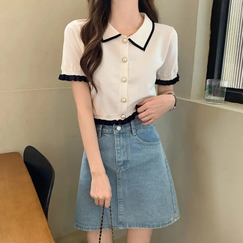 折り襟ニット 半袖クロップドシャツ