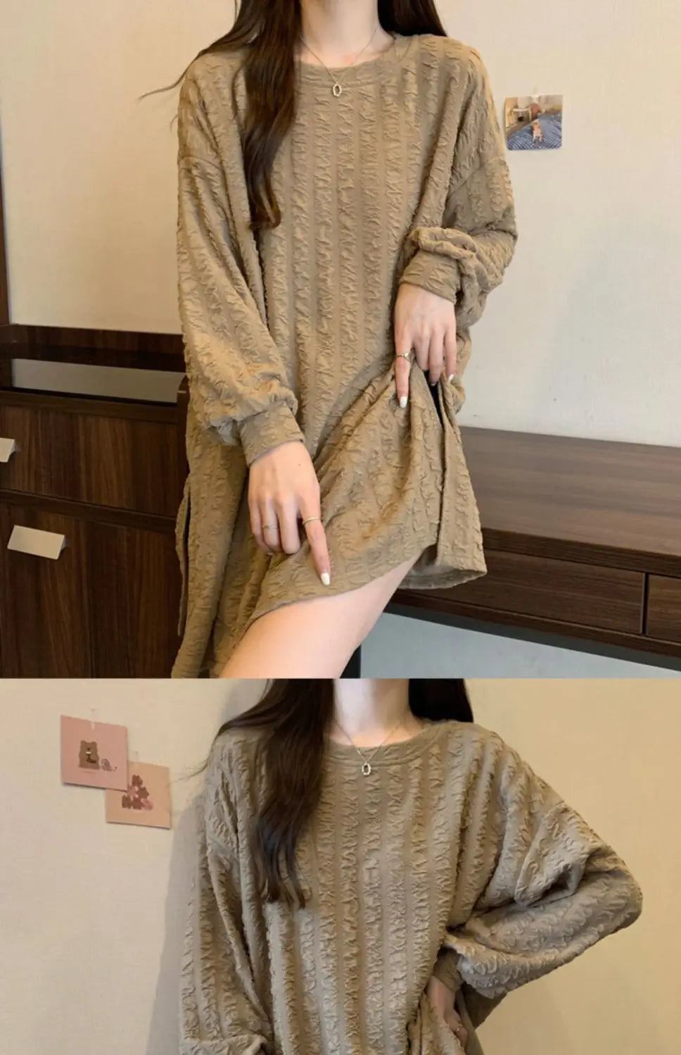 オーバーサイズ スリット入り 長袖チュニックTシャツ