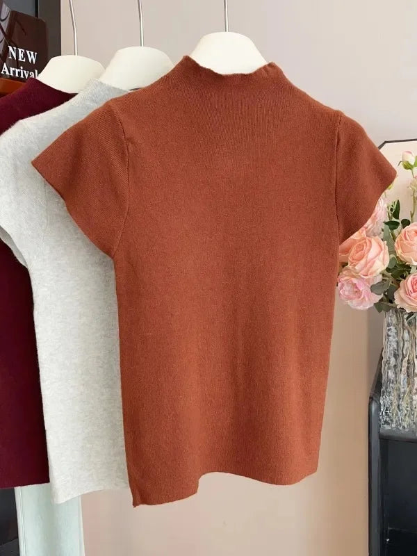 ハーフハイネック 半袖スリムTシャツ