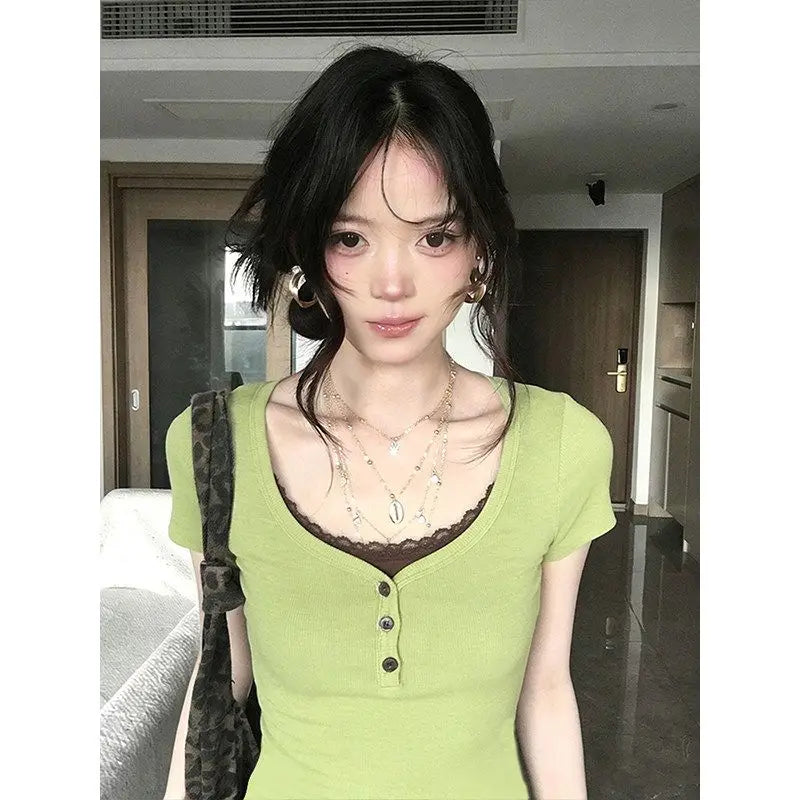 グリーン レーストリム フェイクレイヤードTシャツ