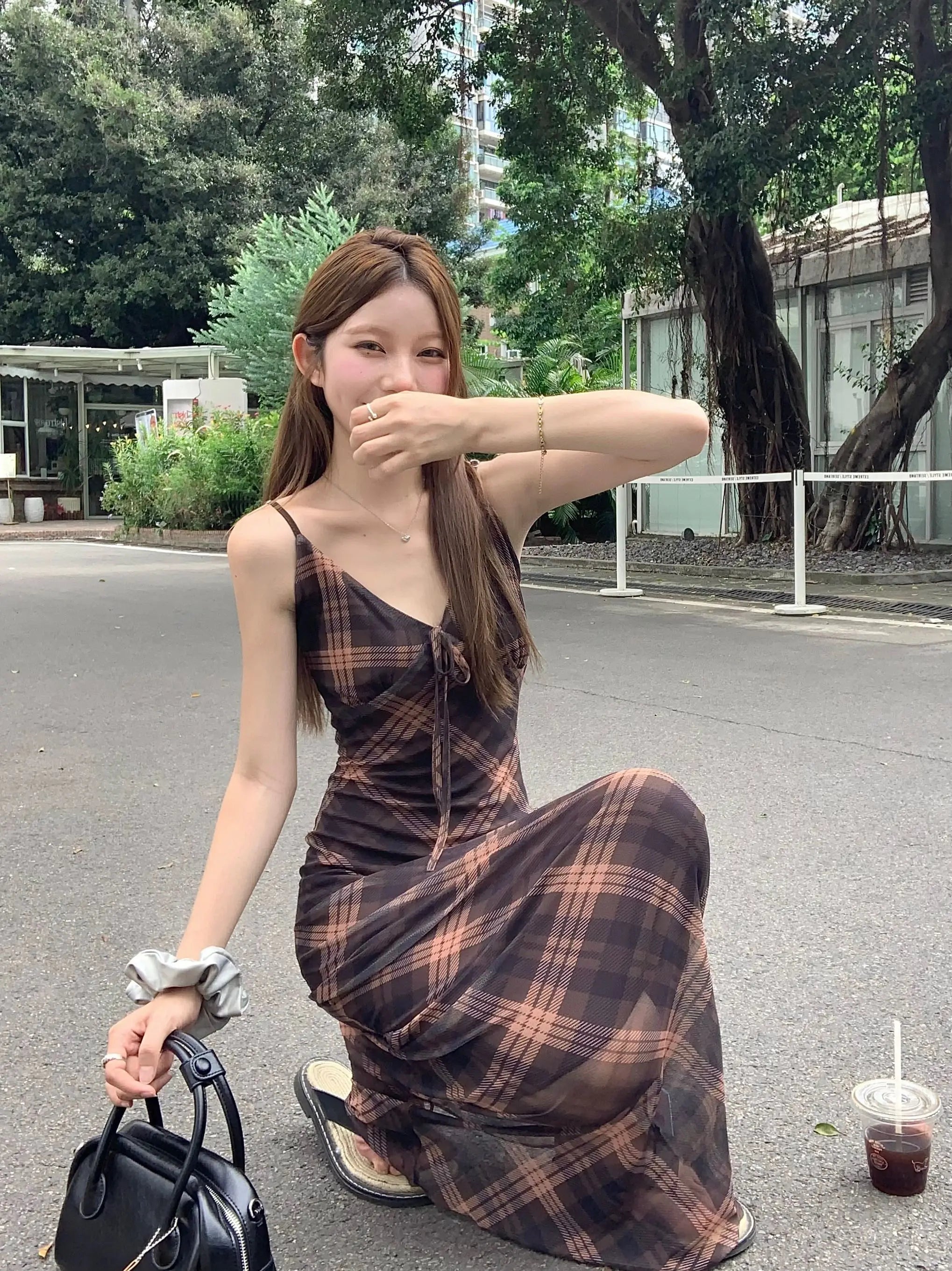 フレンチ調 グリッド柄 キャミソールワンピース