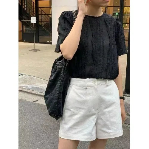 ギャザーデザイン ラウンドネックブラウス