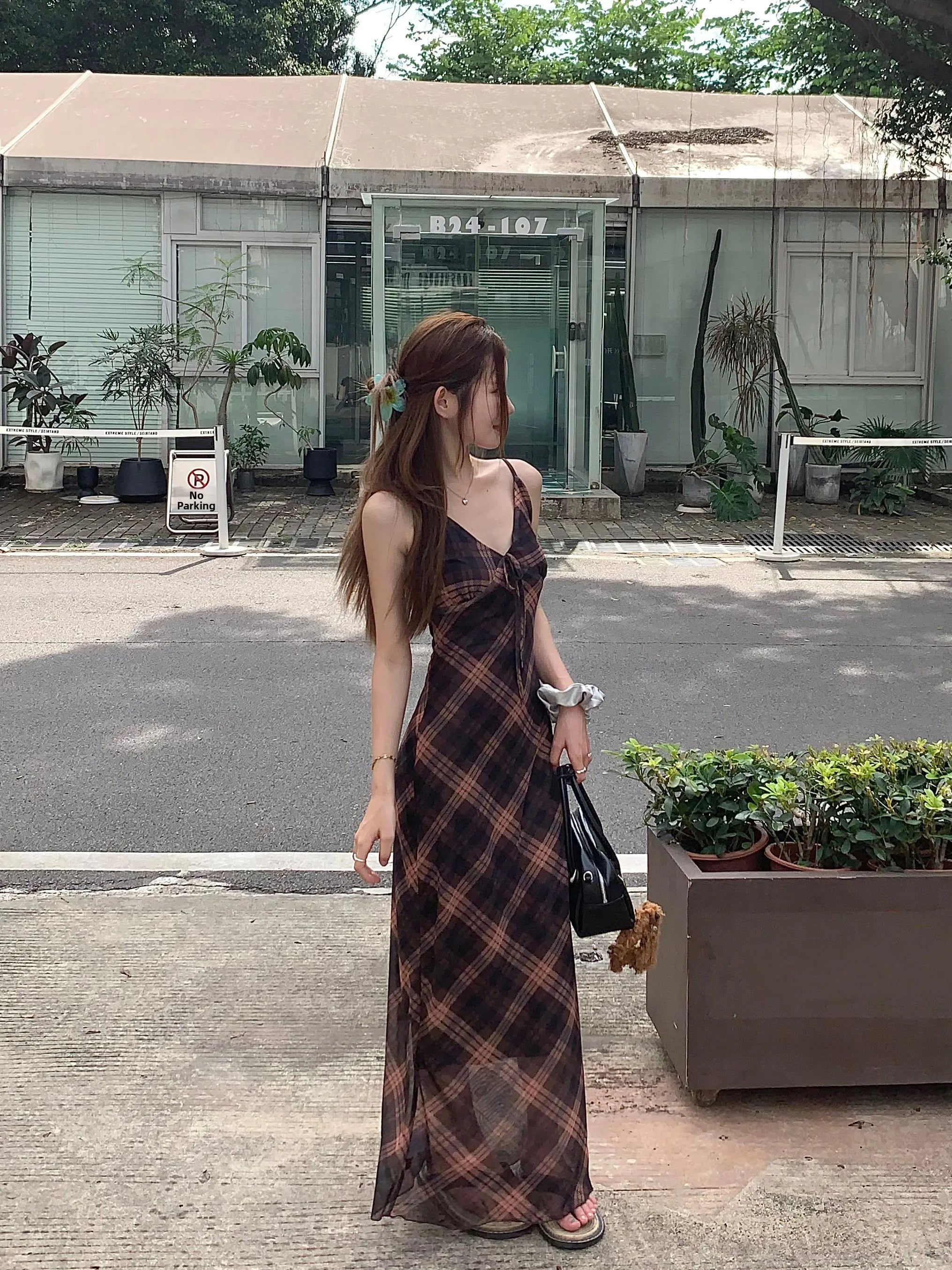 フレンチ調 グリッド柄 キャミソールワンピース
