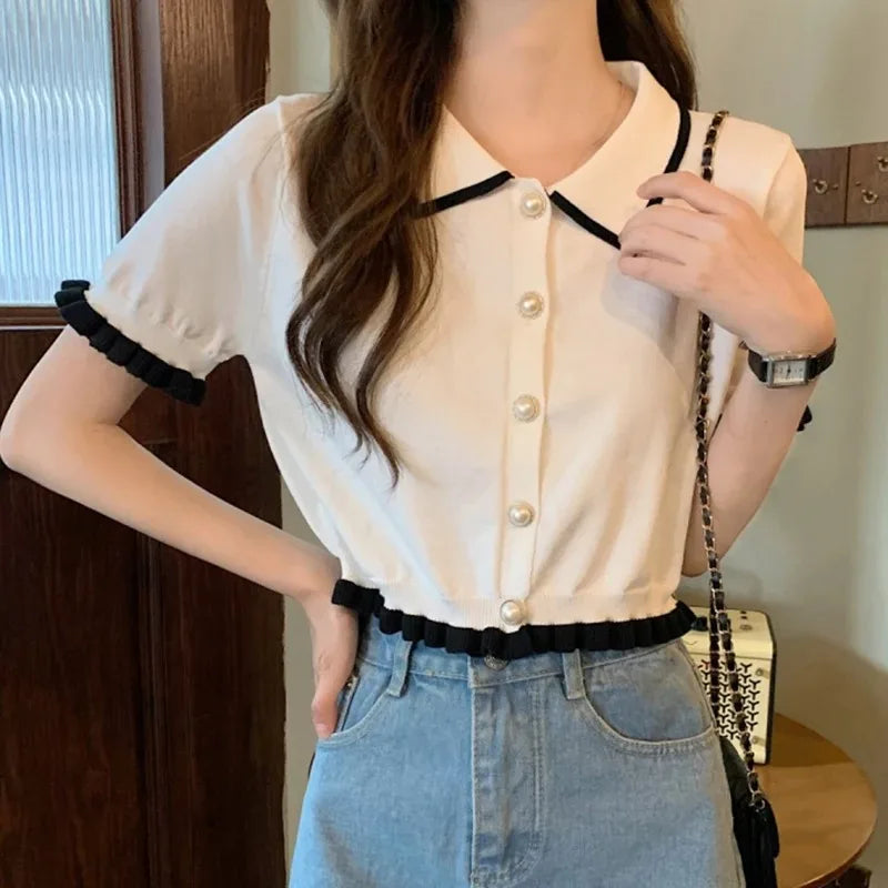折り襟ニット 半袖クロップドシャツ
