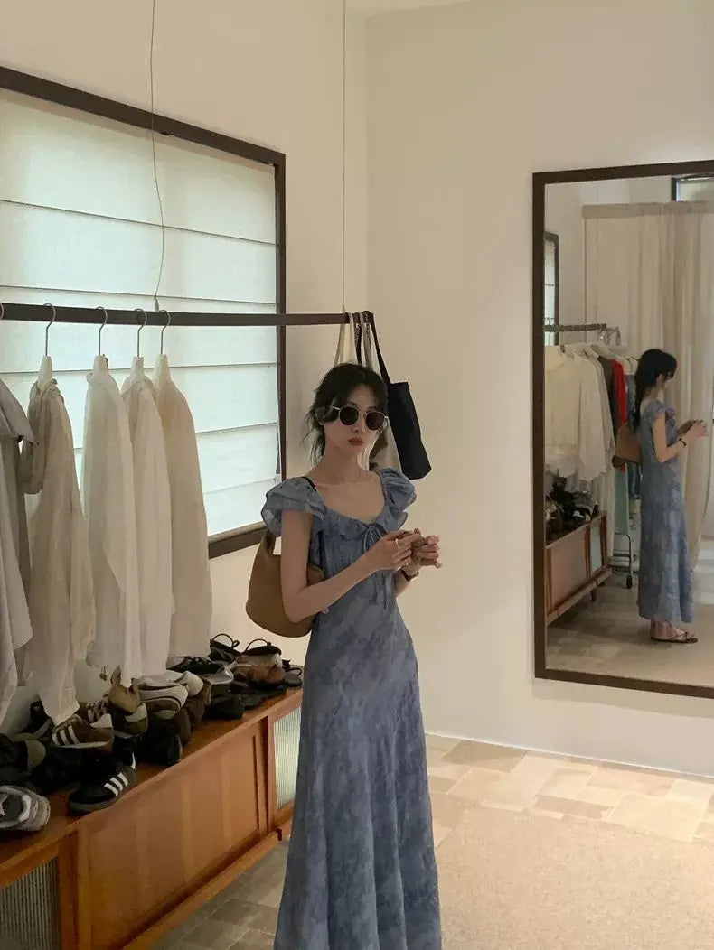 ブルー花柄 フライスリーブ ロングワンピース
