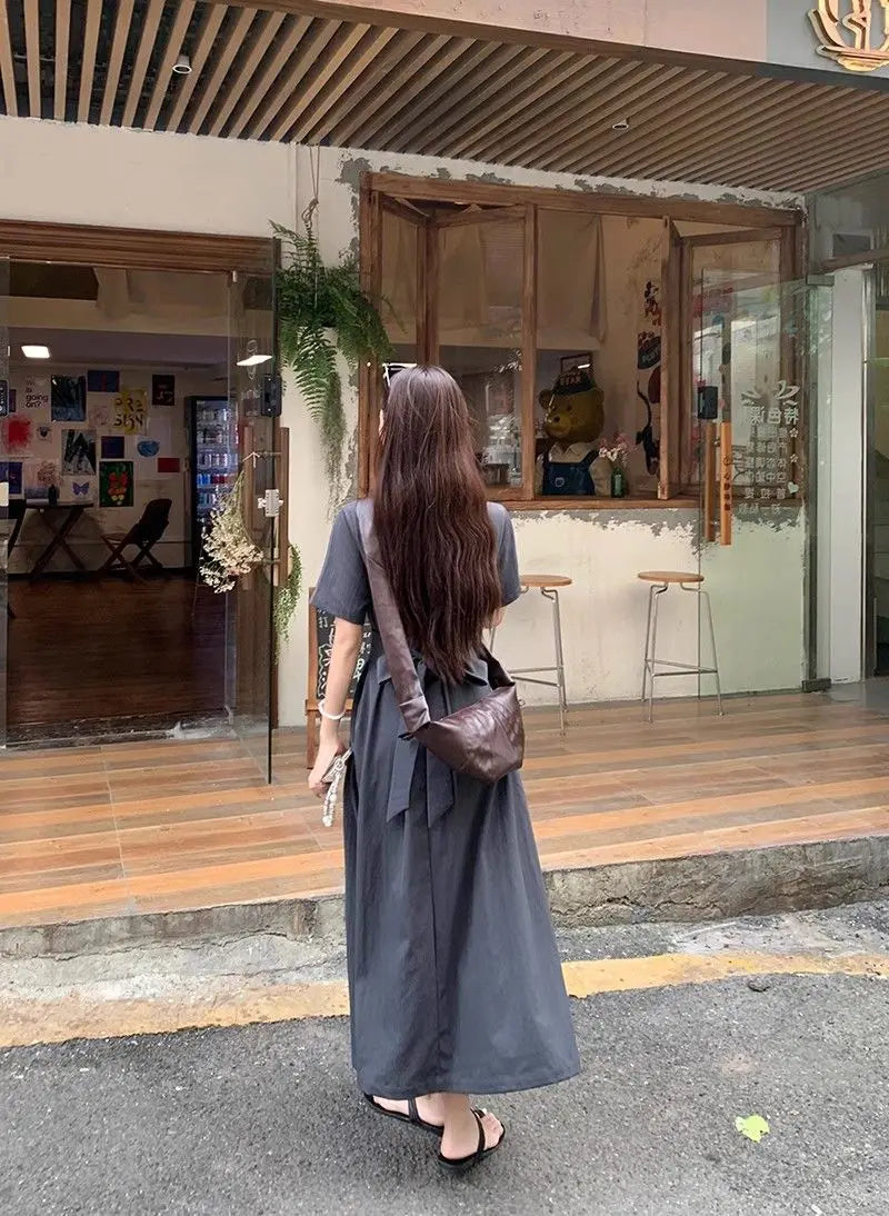 クロスベルト 半袖ロングワンピース ダークグレー