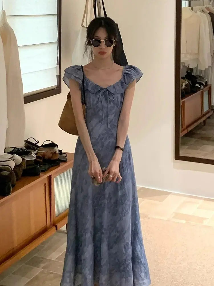 ブルー花柄 フライスリーブ ロングワンピース