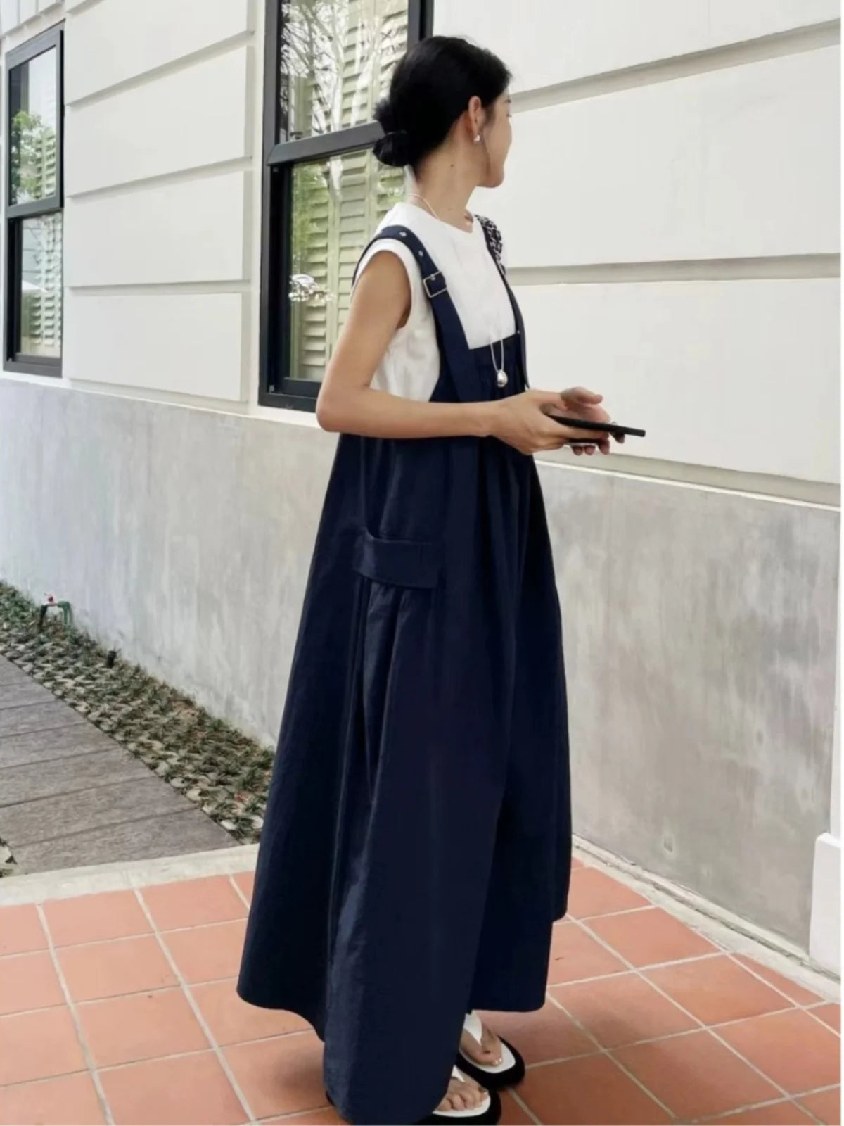 ワイドストラップ ゆったりロングワンピース
