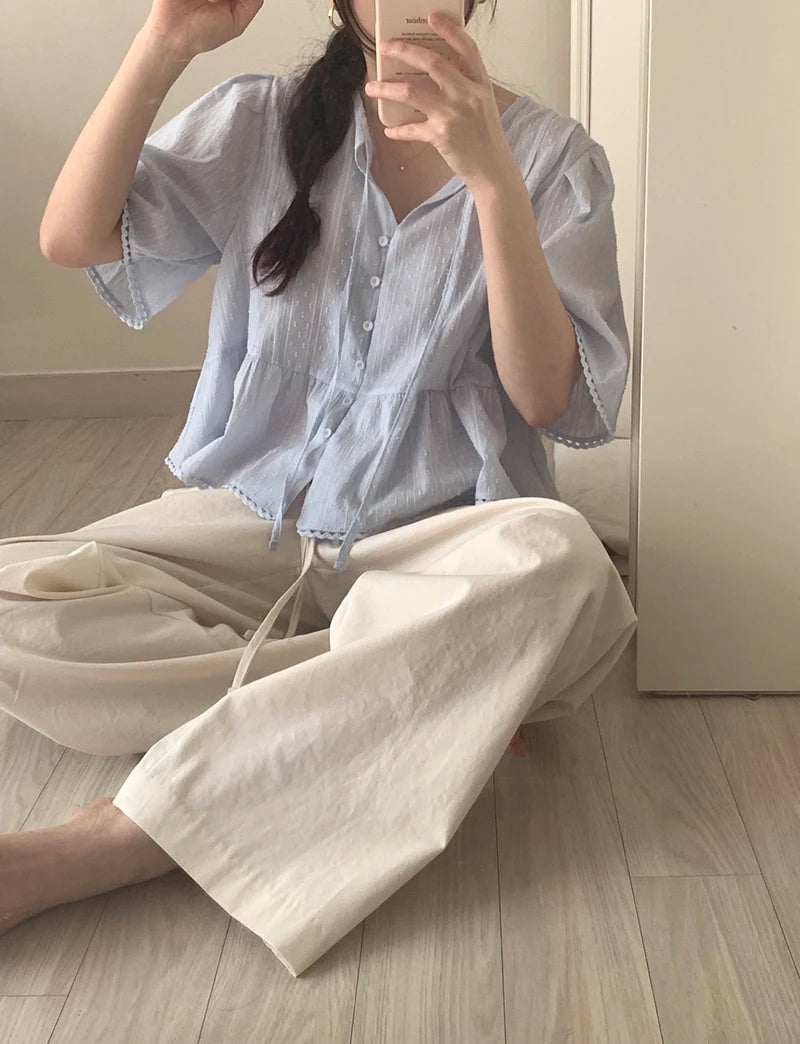 レーストリム パフスリーブシャツ ブルー