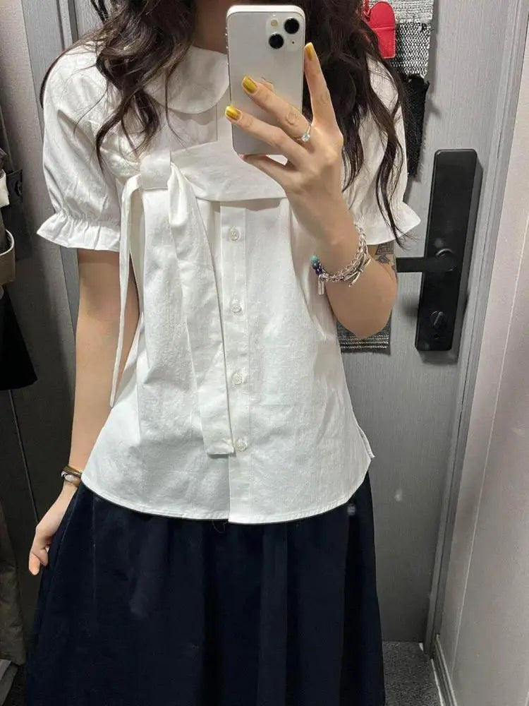 Erwofeina 丸襟リボン付き半袖シャツ