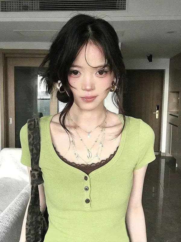 グリーン レーストリム フェイクレイヤードTシャツ