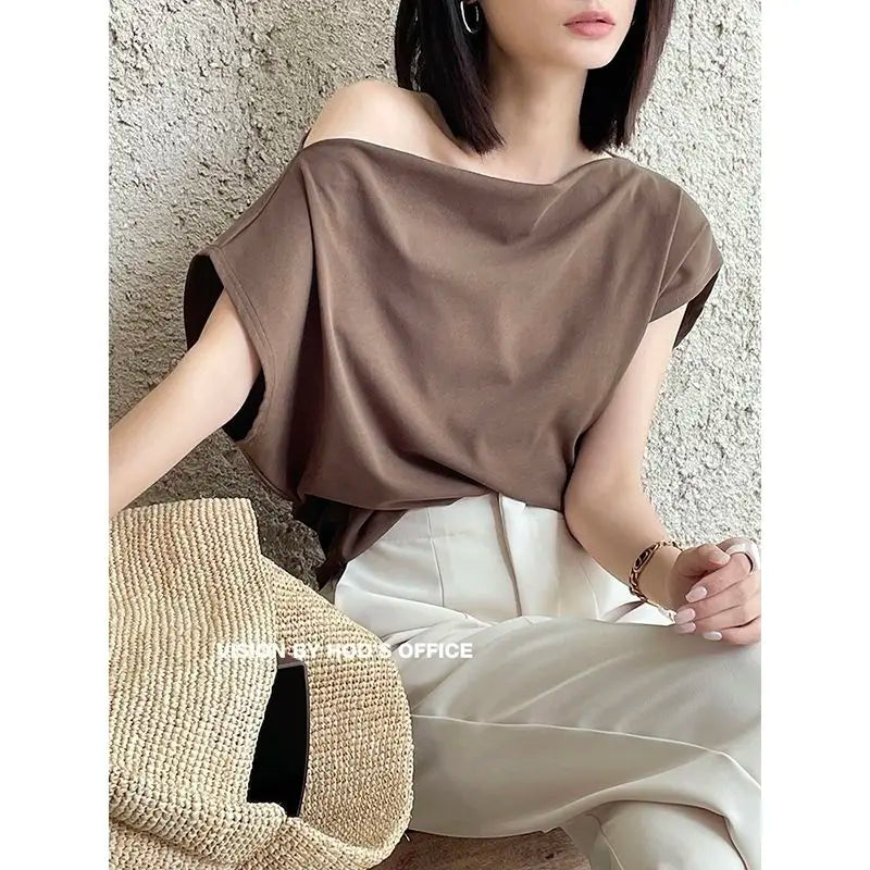 オフショルダー 半袖ルーズTシャツ 無地