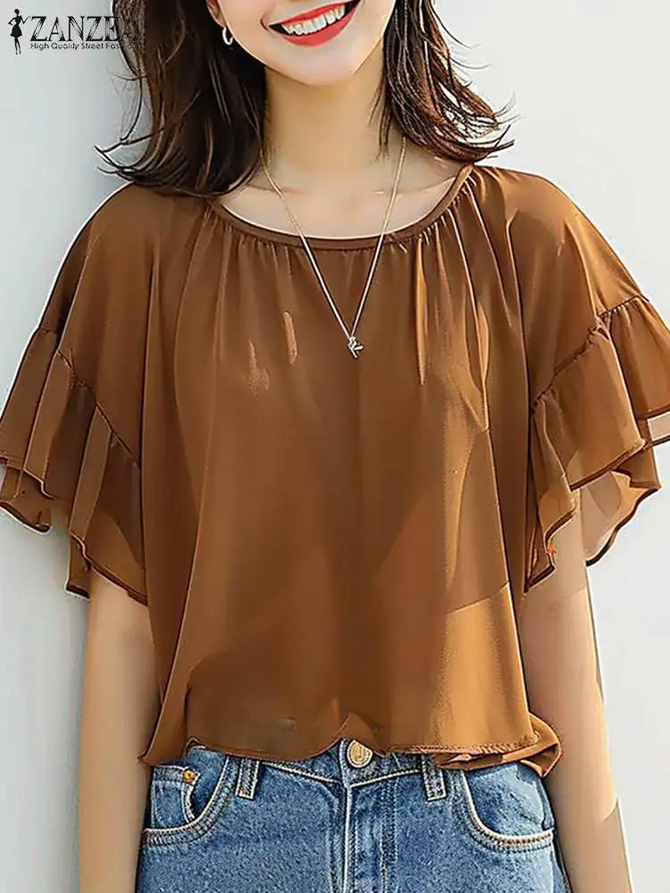 ZANZEA ラッフルヘム シフォンチュニック