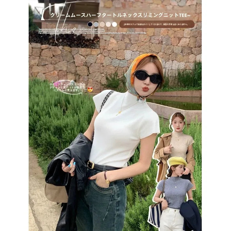 ハーフハイネック 半袖スリムTシャツ